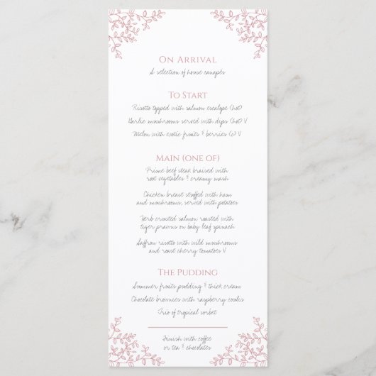 Blush roze en wit blad tekening monogram bruiloft menu (Achterkant)