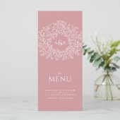 Blush roze en wit blad tekening monogram bruiloft menu (Staand voorkant)