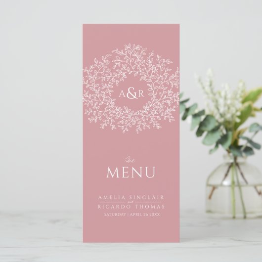 Blush roze en wit blad tekening monogram bruiloft menu (Staand voorkant)