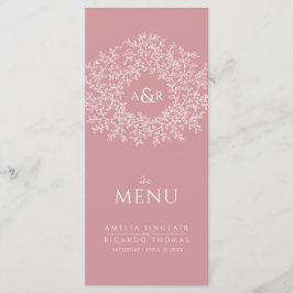 Blush roze en wit blad tekening monogram bruiloft menu