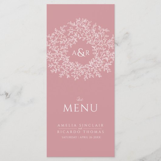 Blush roze en wit blad tekening monogram bruiloft menu (Voorkant)