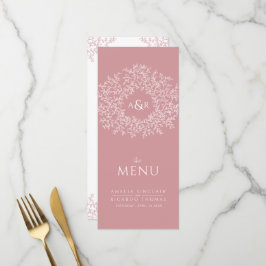 Blush roze en wit blad tekening monogram bruiloft menu