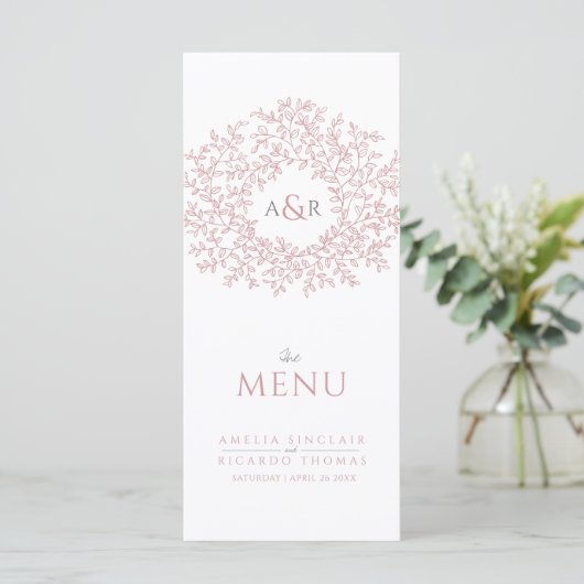 Blush roze en wit blad tekening monogram bruiloft menu (Staand voorkant)