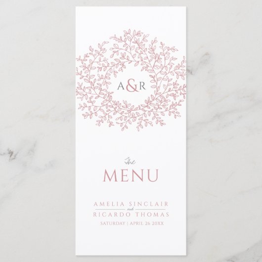 Blush roze en wit blad tekening monogram bruiloft menu (Voorkant)