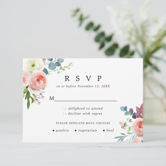 Blush Roze en Wit Bloemen Bruiloft Response Kaart (Staand voorkant)