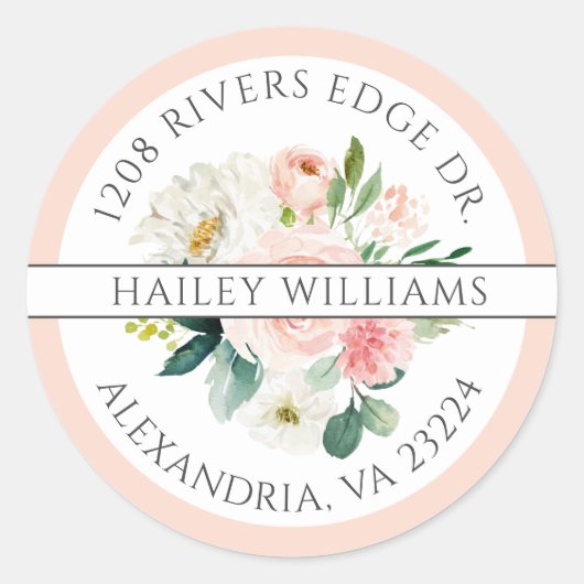 Blush Roze en Wit Boeket retouradres Ronde Sticker (Voorkant)