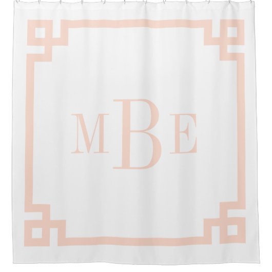 Blush Roze en Wit Griekse Sleutel | monogram Douchegordijn (Voorkant)