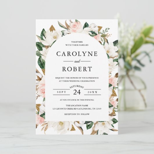 Blush Roze en Wit Magnolia Arch Bruiloft Kaart (Staand voorkant)