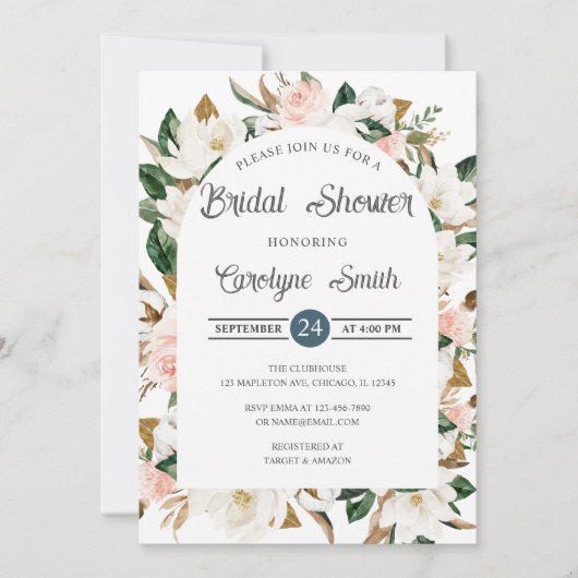 Blush Roze en Wit Magnolia Arch Vrijgezellenfeest Kaart (Voorkant)