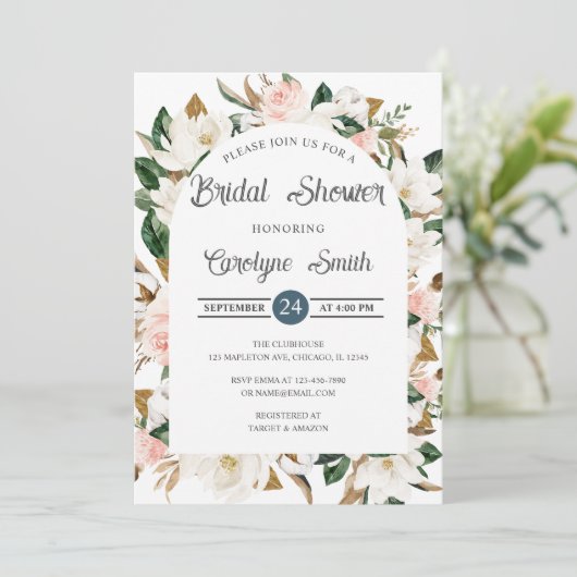 Blush Roze en Wit Magnolia Arch Vrijgezellenfeest Kaart (Staand voorkant)