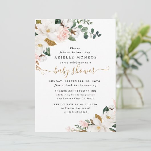Blush Roze en Wit Magnolia Bloemen Baby shower Kaart (Staand voorkant)