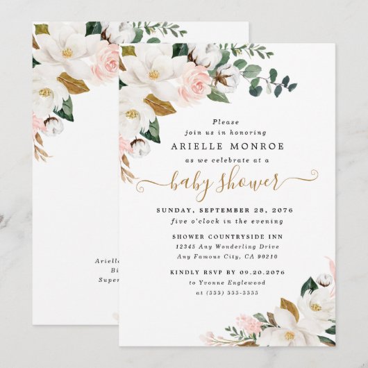Blush Roze en Wit Magnolia Bloemen Baby shower Kaart (Voorkant / Achterkant)