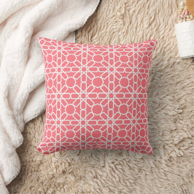Blush roze en wit Marokkaanse Zellige patroon Kussen (Deken)