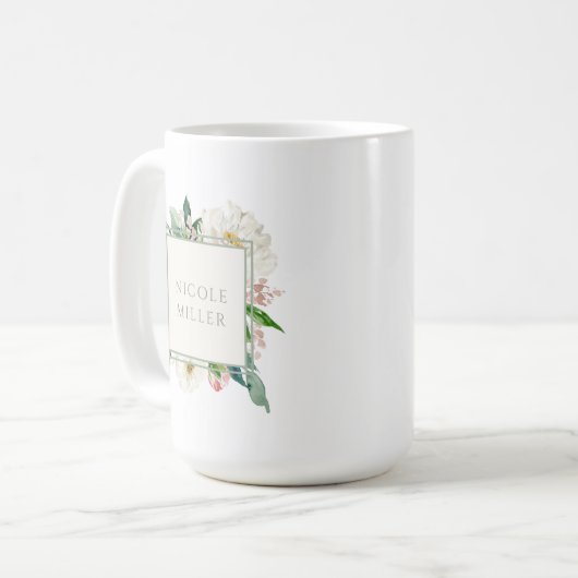 Blush roze en witte bloem met naam koffiemok (Voorkant links)