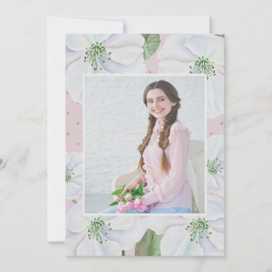 Blush roze en witte bloemen foto afstuderen partij kaart (Voorkant)