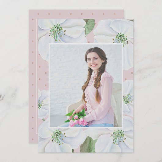 Blush roze en witte bloemen foto afstuderen partij kaart (Voorkant / Achterkant)