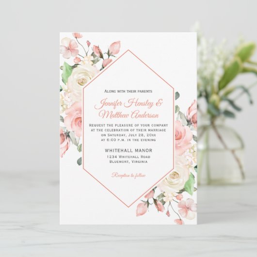 Blush Roze en Witte Rozen Lijst Bruiloft Kaart (Staand voorkant)