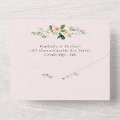 Blush roze en witte waterverf bloemenbruiloft all in one uitnodiging (Achterkant)