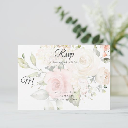 Blush Roze en Witte Waterverf Rozen Bruiloft | RSVP Kaartje (Staand voorkant)
