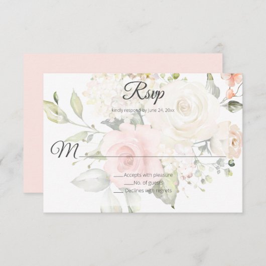Blush Roze en Witte Waterverf Rozen Bruiloft | RSVP Kaartje (Voorkant / Achterkant)