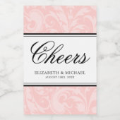 Blush Roze en Zwart Damast Swirl Bruiloft Mini Wijn Etiket (Enkel label)