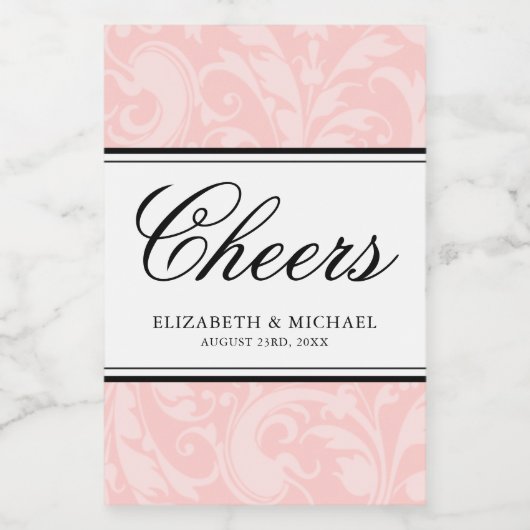 Blush Roze en Zwart Damast Swirl Bruiloft Mini Wijn Etiket (Enkel label)