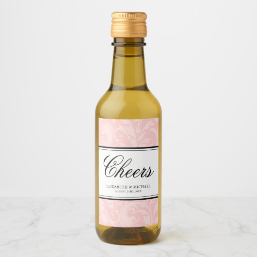 Blush Roze en Zwart Damast Swirl Bruiloft Mini Wijn Etiket (Voorkant)