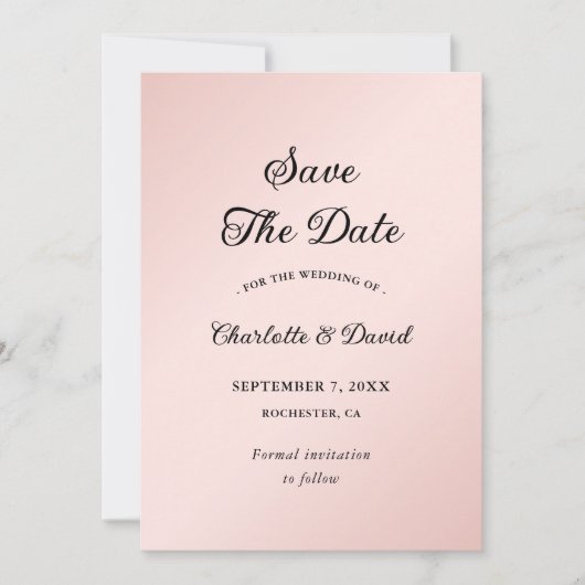 Blush Roze en Zwart Elegant Minimalistische Bruilo Save The Date (Voorkant)