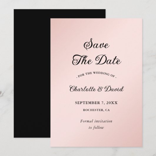 Blush Roze en Zwart Elegant Minimalistische Bruilo Save The Date (Voorkant / Achterkant)