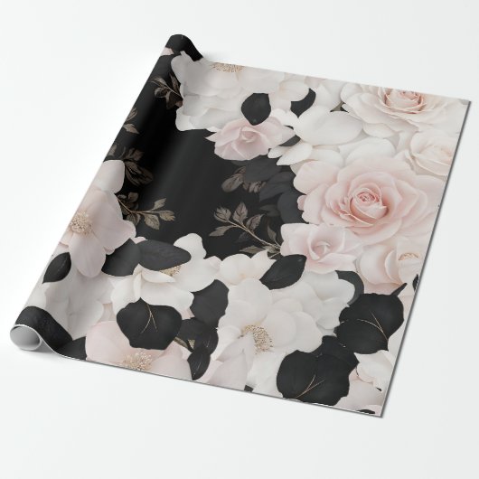 Blush roze en zwart floral wrapping papier (Uitgerold)