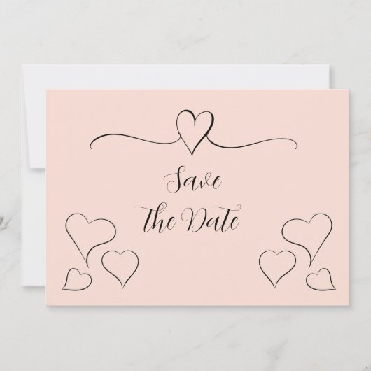 Blush roze en zwarte Fancy kalligrafie Harten Save The Date (Voorkant)