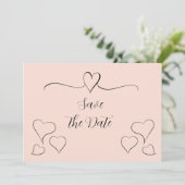 Blush roze en zwarte Fancy kalligrafie Harten Save The Date (Staand voorkant)