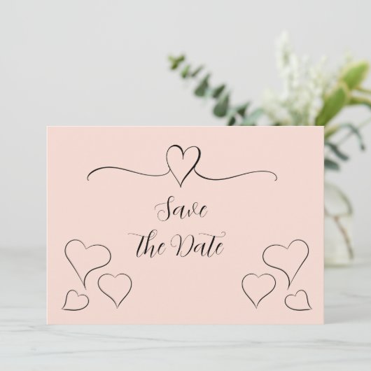 Blush roze en zwarte Fancy kalligrafie Harten Save The Date (Staand voorkant)
