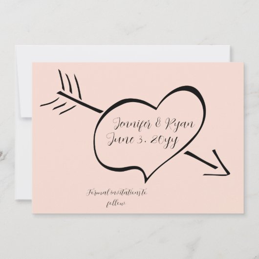 Blush roze en zwarte Fancy kalligrafie Harten Save The Date (Achterkant)