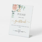 Blush roze eucalyptus bruiloft gastboek reclamebord met voetstuk (Voorkant)