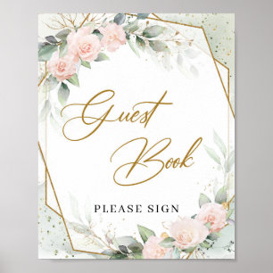 Blush roze eucalyptus gold lijst Guest Book Sign Poster