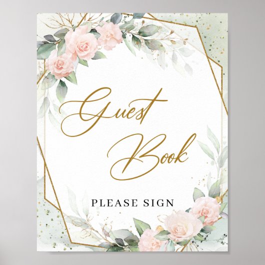 Blush roze eucalyptus gold lijst Guest Book Sign Poster (Voorkant)