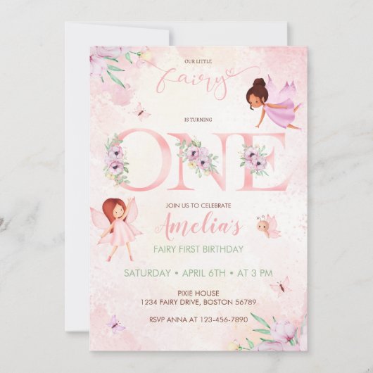 Blush Roze Fairy Eerste Verjaardag Meisje 1e Verja Kaart (Voorkant)