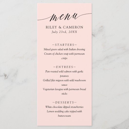 Blush roze fijne kalligrafie legant bruilding menu (Voorkant)
