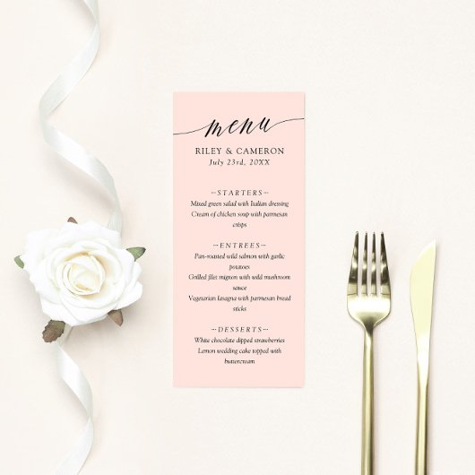 Blush roze fijne kalligrafie legant bruilding menu