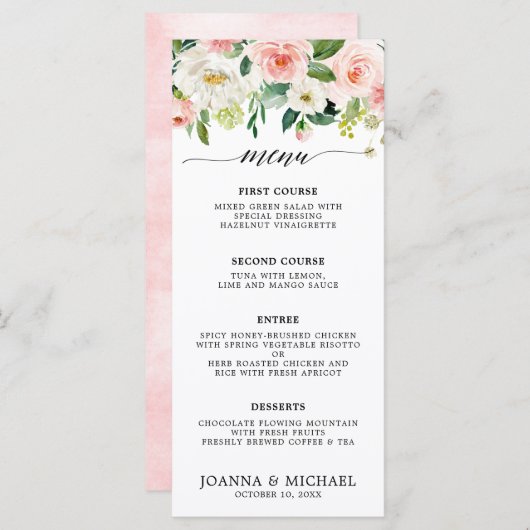 Blush roze flessen Moderne botanische bruiloft Menu (Voorkant / Achterkant)