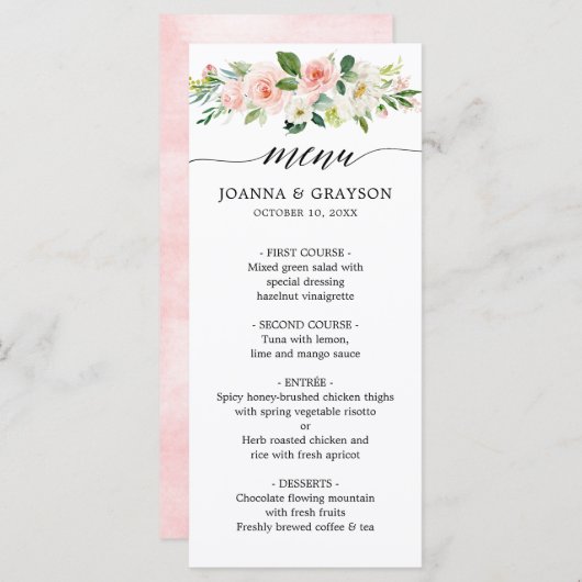 Blush roze flessen Moderne botanische bruiloft Menu (Voorkant / Achterkant)