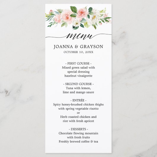 Blush roze flessen Moderne botanische bruiloft Menu (Voorkant)