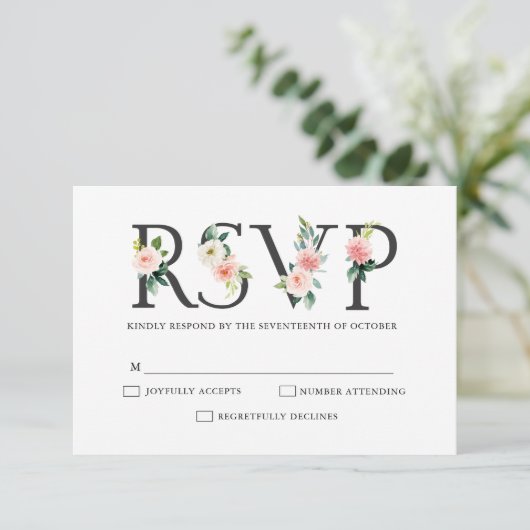 Blush roze flessen Moderne botanische bruiloft RSVP Kaartje (Staand voorkant)