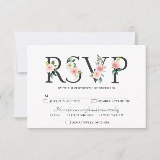 Blush roze flessen Moderne botanische bruiloft RSVP Kaartje (Voorkant)