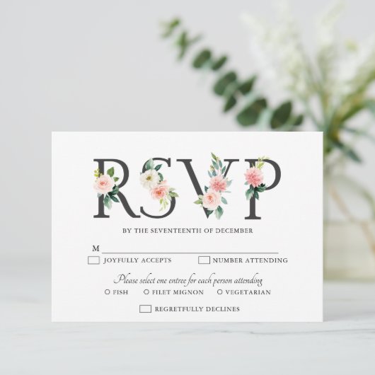 Blush roze flessen Moderne botanische bruiloft RSVP Kaartje (Staand voorkant)