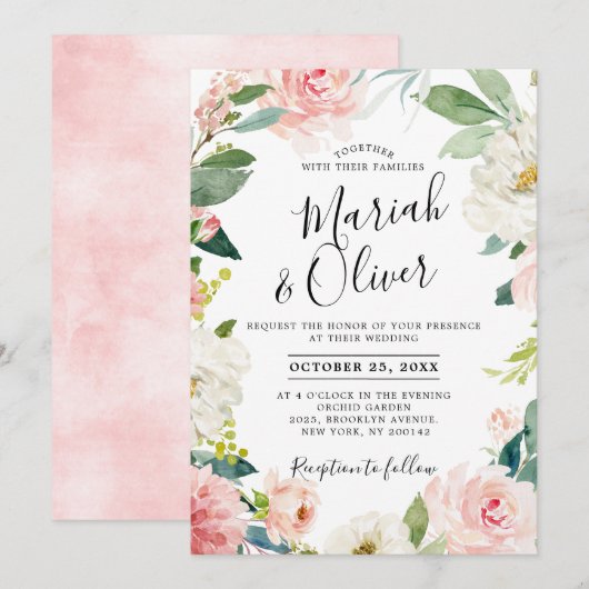 Blush roze flessen Moderne botanische Lijst bruilo Kaart (Voorkant / Achterkant)