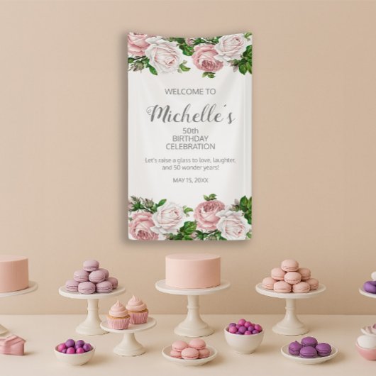 Blush Roze  Flora 50ste Verjaardag Welkom Spandoek