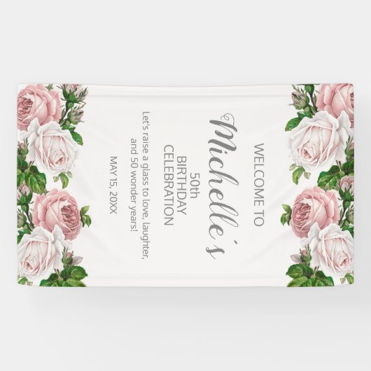 Blush Roze  Flora 50ste Verjaardag Welkom Spandoek (Horizontaal)