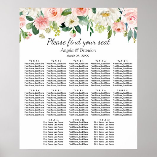 Blush roze Floral 13 Tables Wedding Seating Chart Poster (Voorkant)